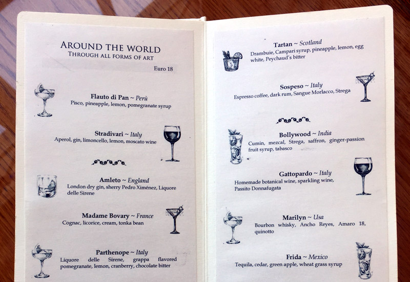 Signature cocktail menu at the Excelsior Vittoria in Sorrento